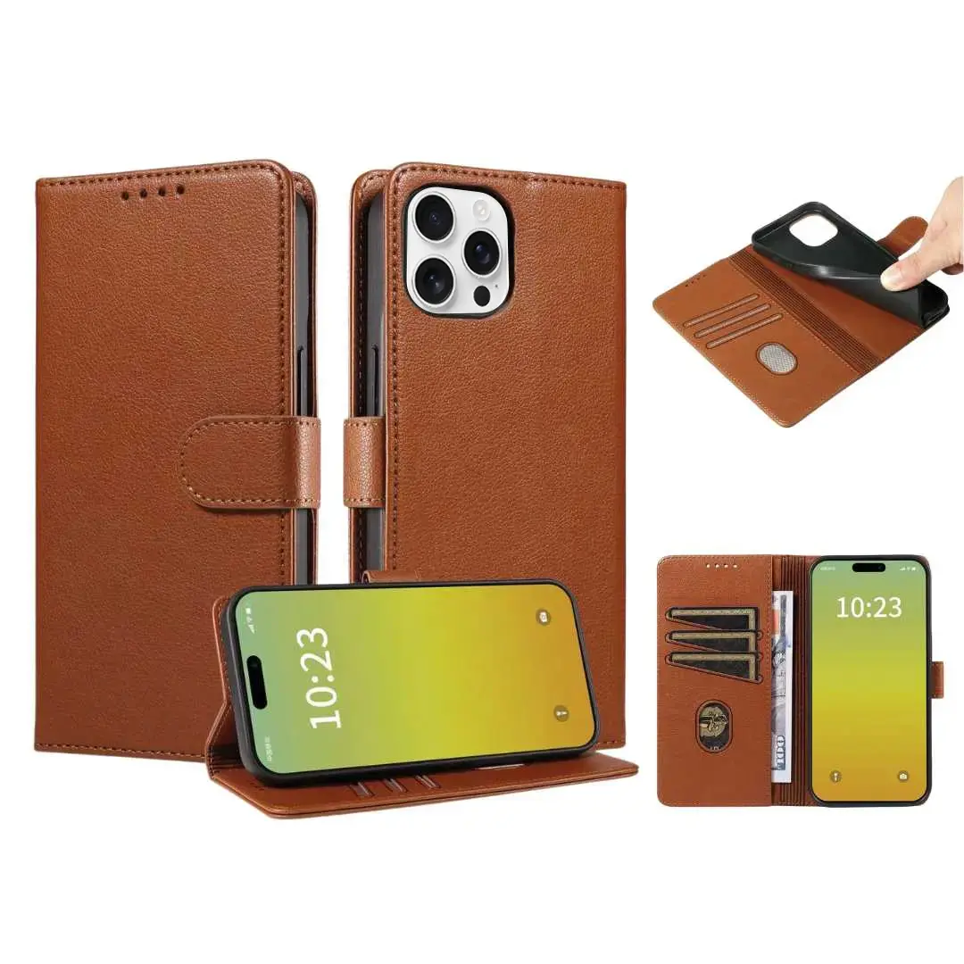 iPhone 16 Pro Max PU Leather Wallet Case Brown